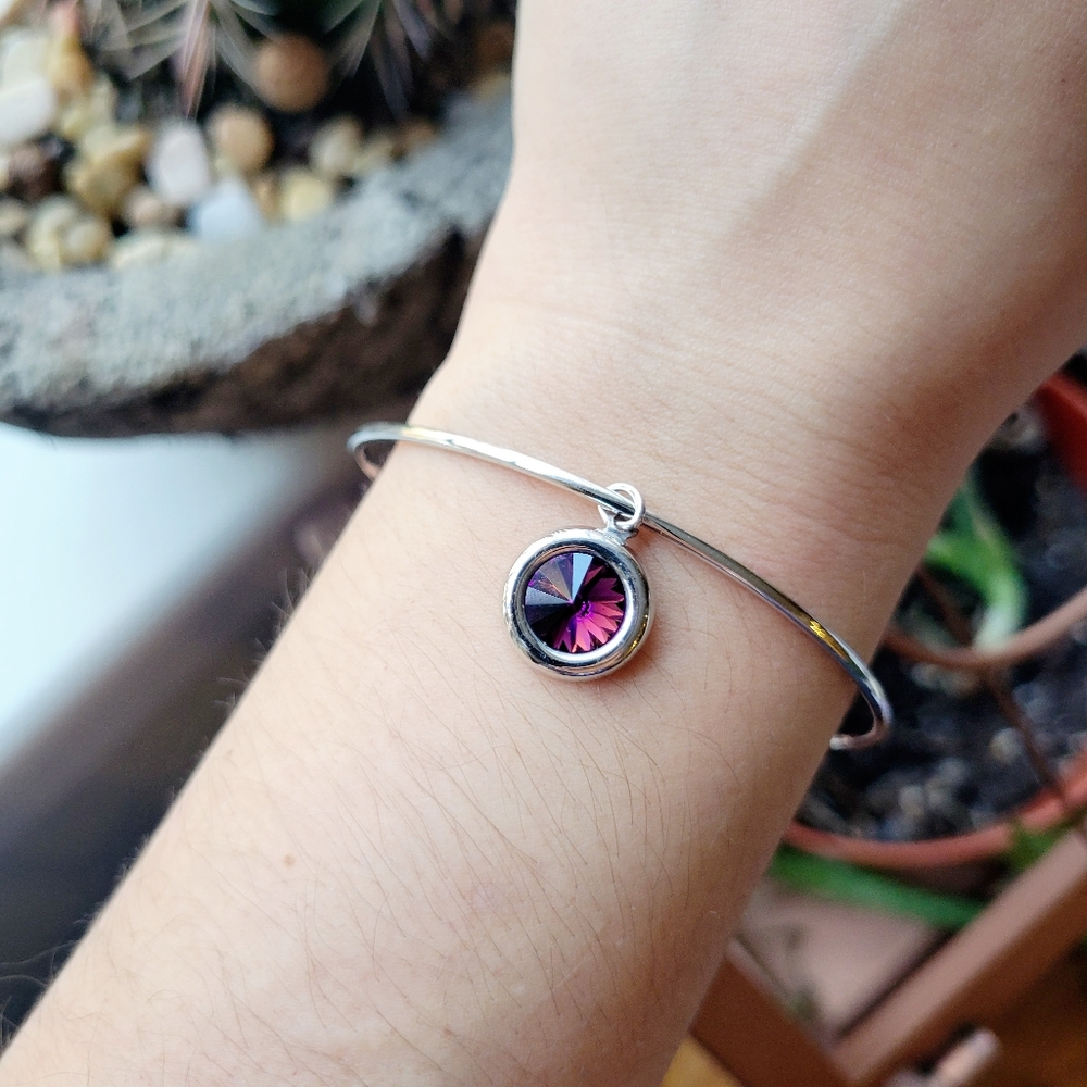 Classic Silver Dainty Purple Gemstone Musical Treble Clef Bangle Bracelet